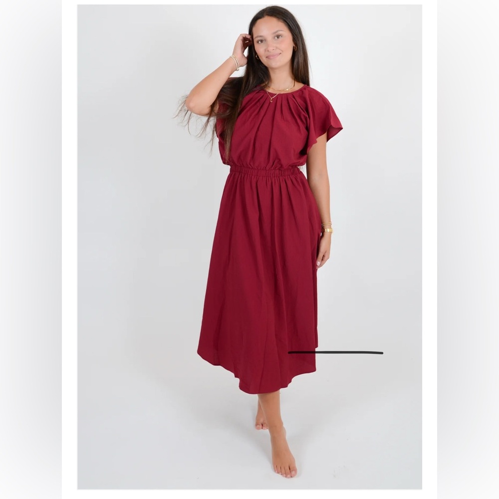 Entro medium dress ruffle sleeve gathered waist.